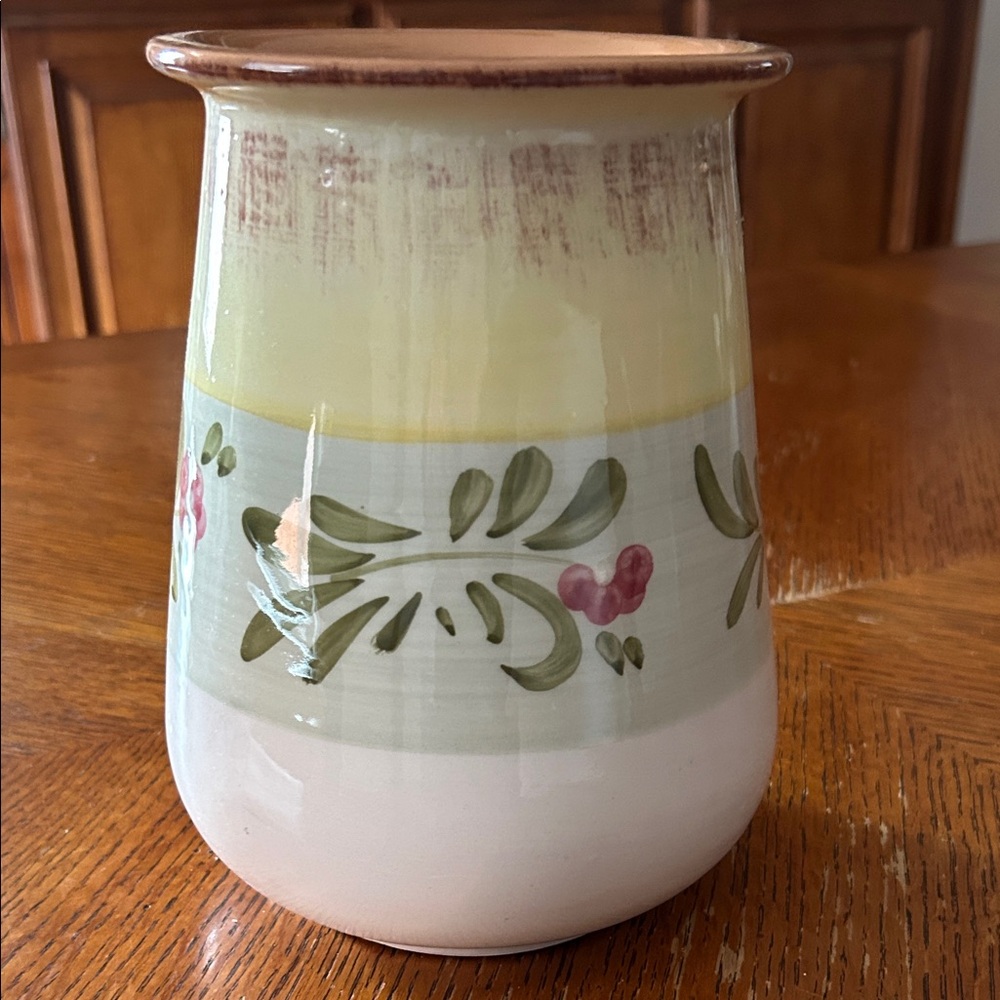 Floral Ceramic Vase with Green and Cream Accents